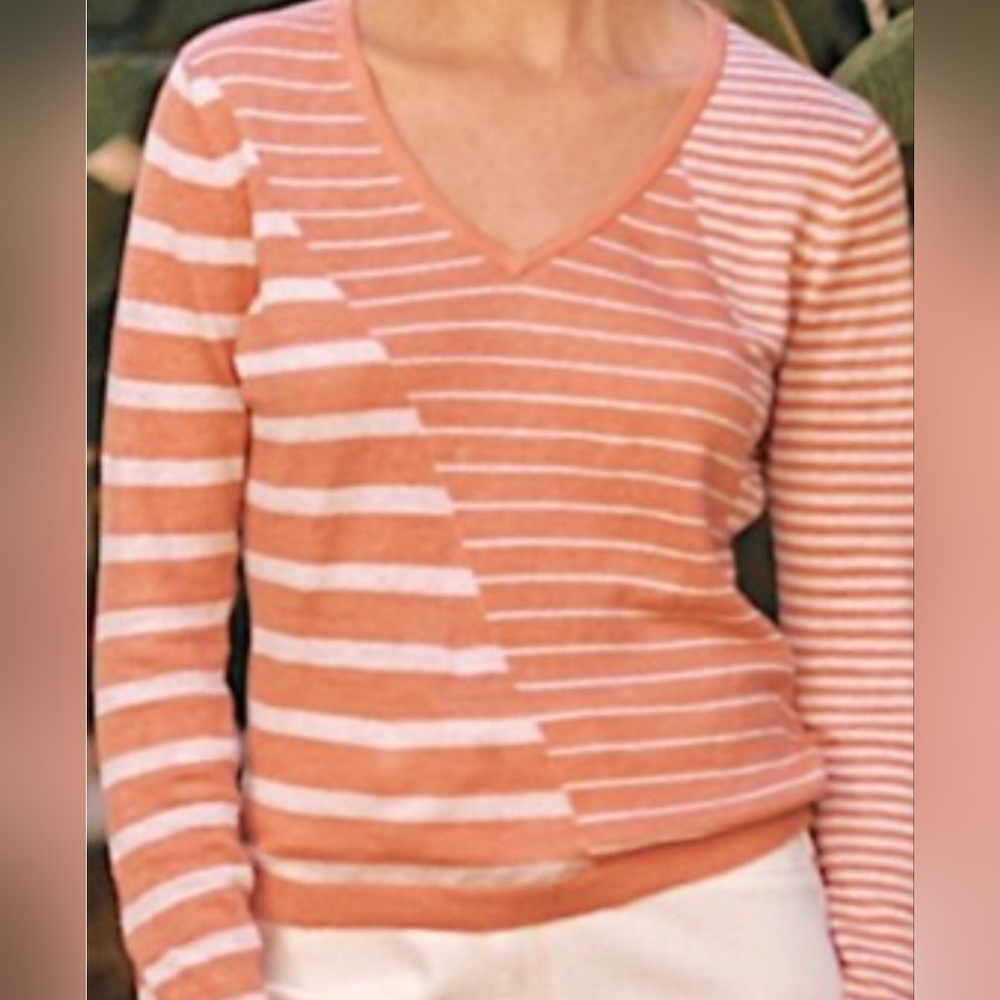 NWT Garnet Hill Relaxed 100% V-neck contrasting coral peach, white stripes, L